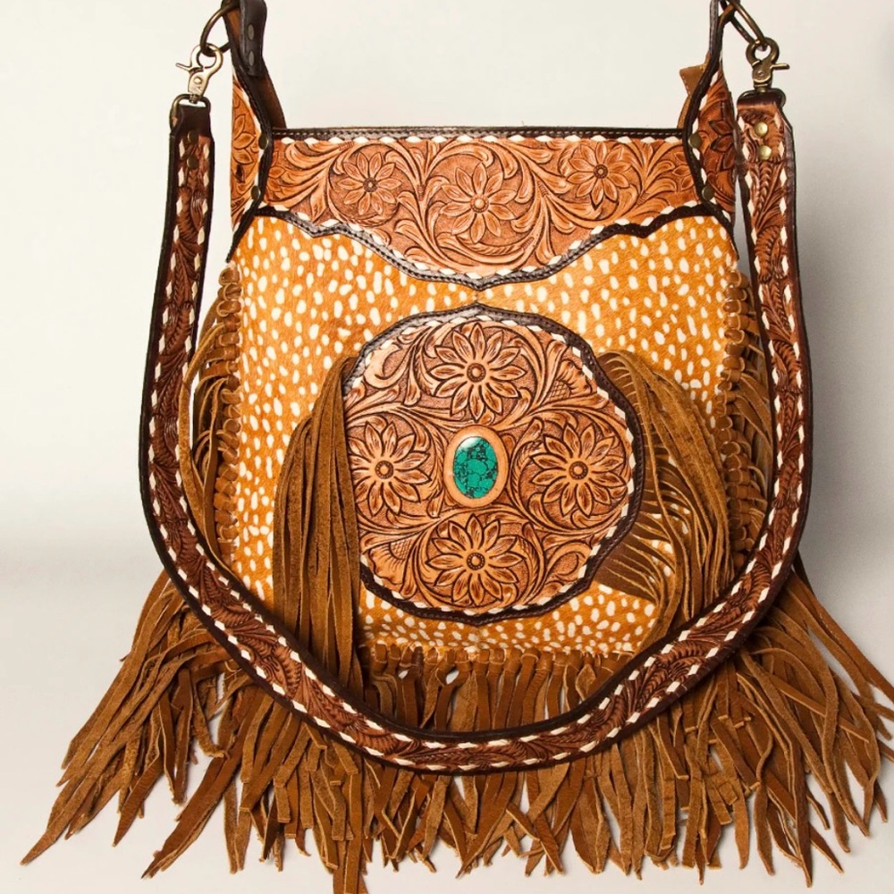 American Darling Tooled Leather Fringe Bag